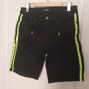 Fashion Nova Men Black Jean Shorts with Neon Green Side Stripes